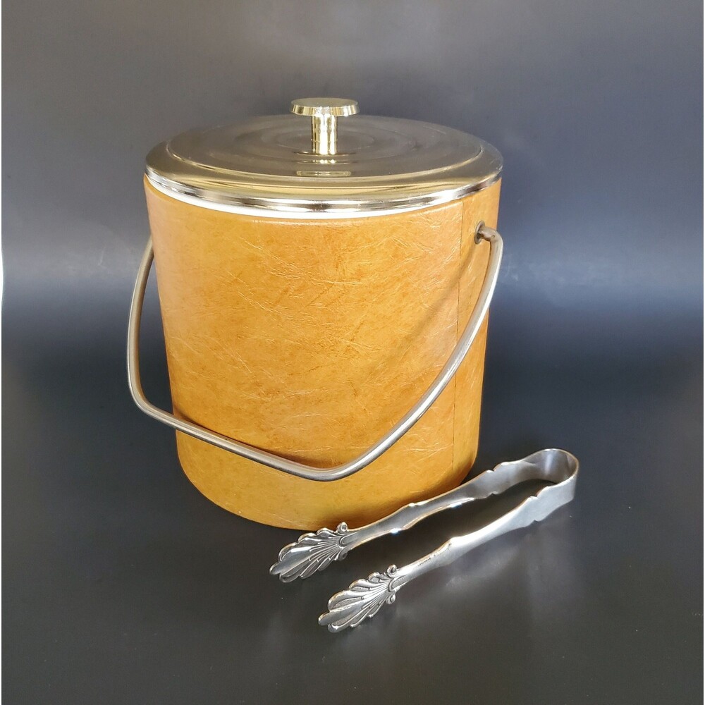 MCM Irvinware Butterscotch Faux Leather Ice Bucket, Chrome Cover & Tongs Barware